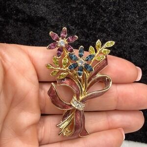 Vintage Monet Rhinestone Flower Brooch Gold Tone